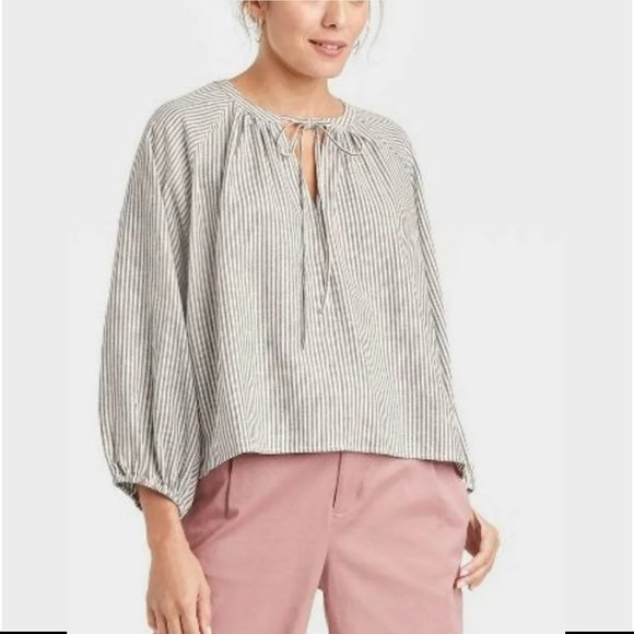 a new day Tops - A New Day  Linen Blend Pullover Balloon Sleeves Peasant  Blouse Stripes  Size L